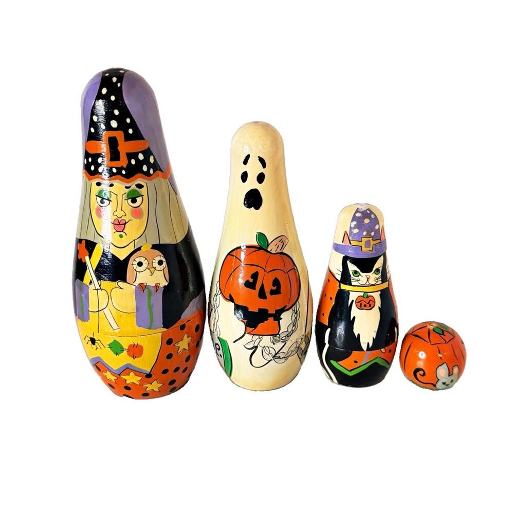 VTG Halloween Wood Nesting Dolls Witch Ghost Cat 4 Piece Midwest Importers 1990s